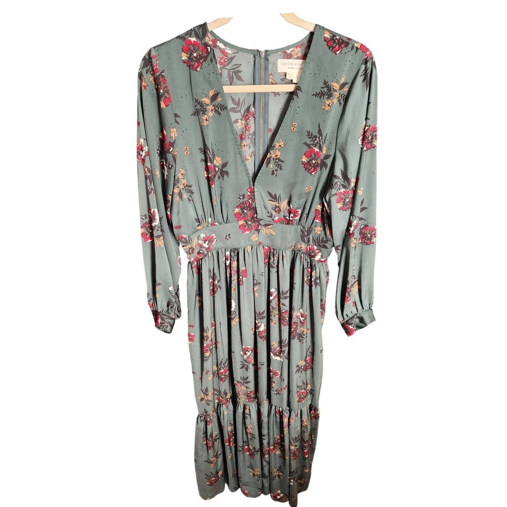 Saltwater Luxe Maxi Dress Women L Green Floral Long Sleeve Empire Waist Boho L L
